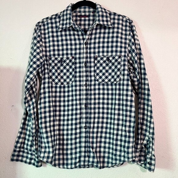 Made in Indigo Mens Medium Blue White GinghamShirt Long Sleeve Casual Japan